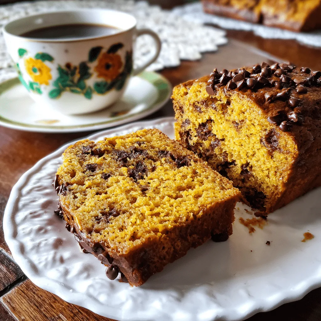 Pumpkin chocolate chip bread loaf with a golden crust on rustic table