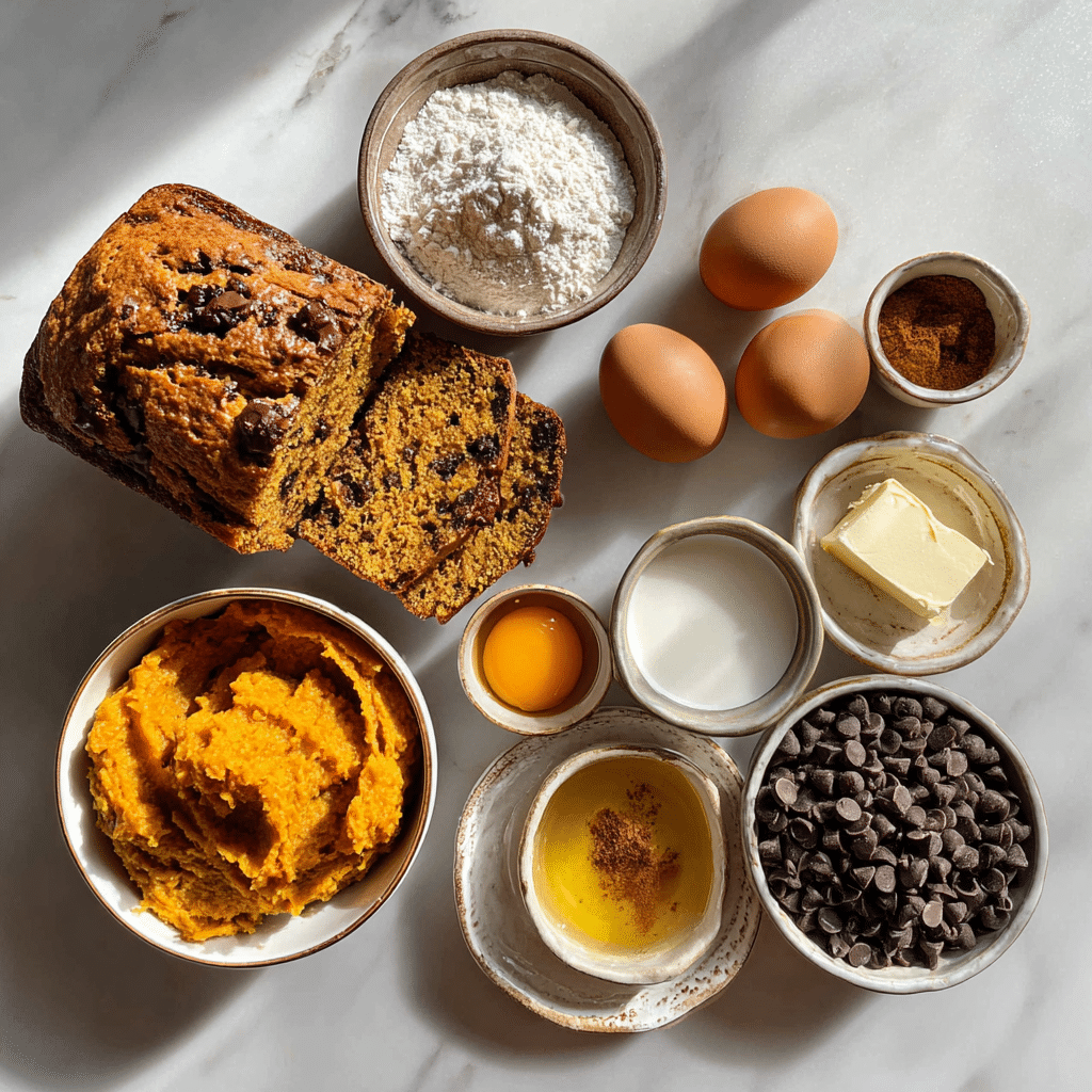 Pumpkin chocolate chip bread ingredients laid out on a marble counter