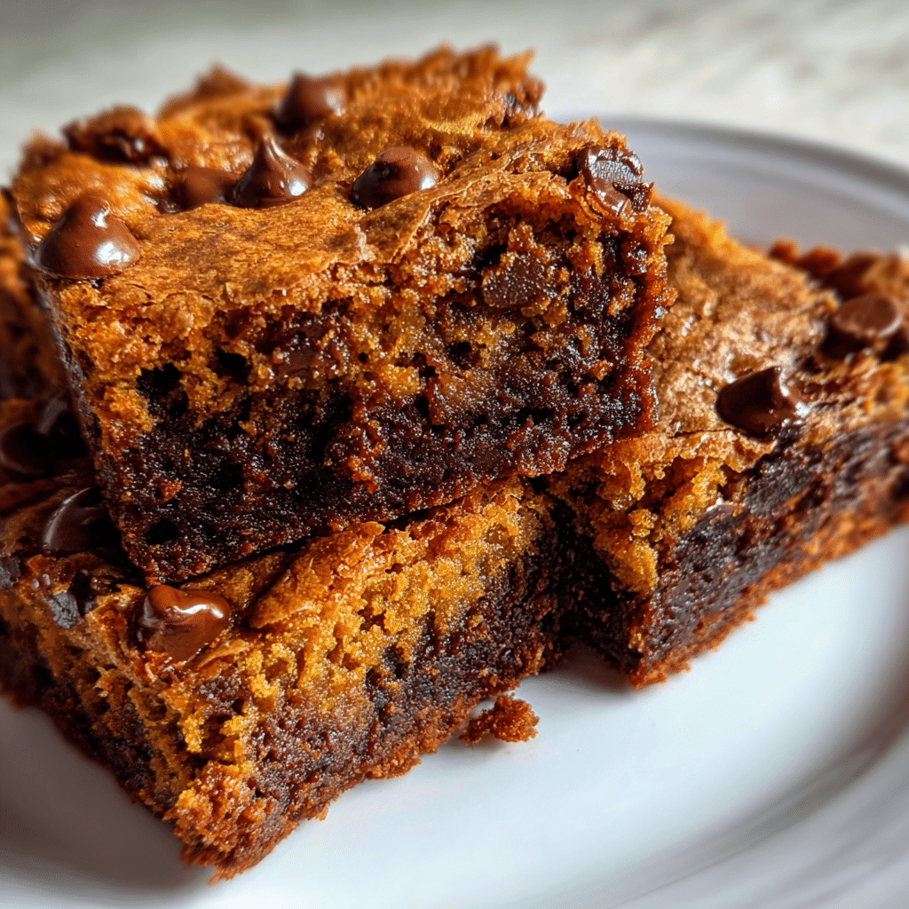 Pumpkin brownies with chocolate chips and crunchy pecans