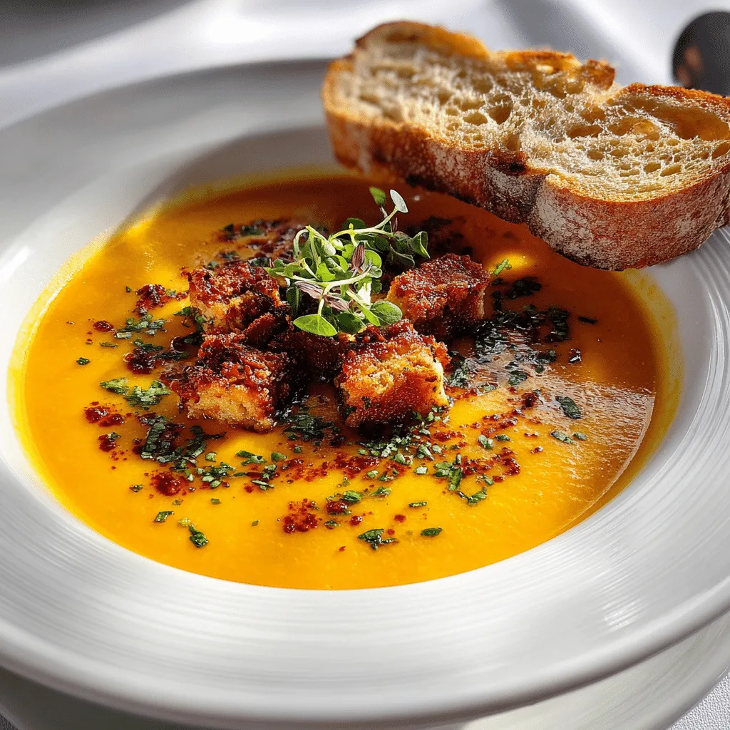 Pumpkin chorizo soup in rustic bowl with garnish