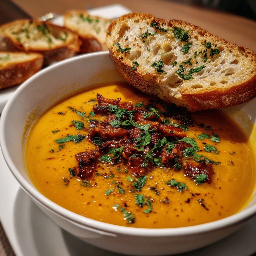 Bowl of pumpkin chorizo soup served with spoon and bread