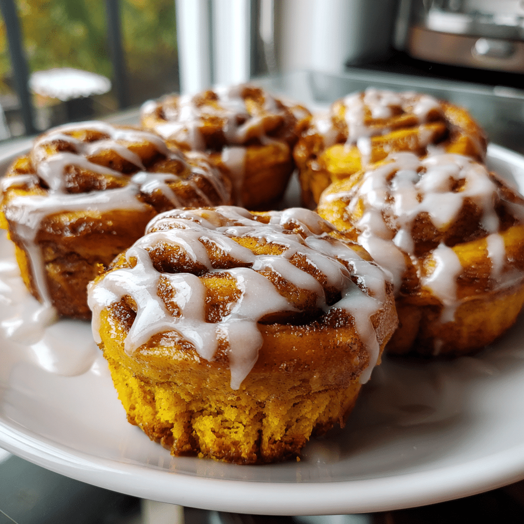 Pumpkin Cinnamon Roll Muffins served with glaze and coffee