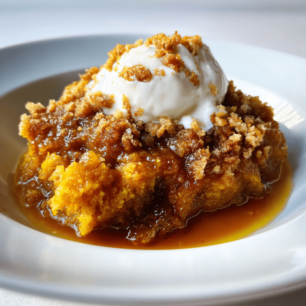 Warm serving of pumpkin cobbler with melting ice cream