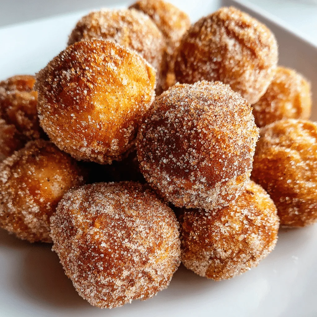 Pumpkin donut holes recipe served on a rustic plate with cinnamon sugar.