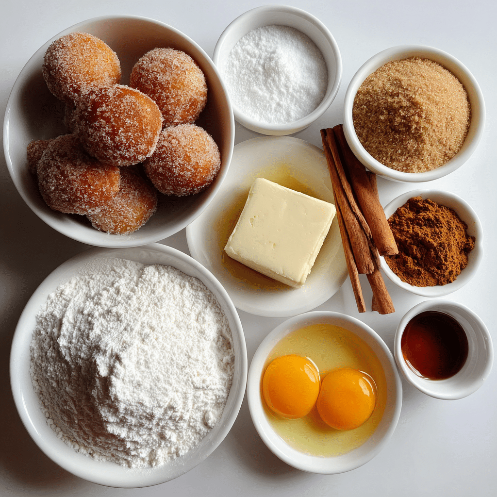  Ingredients for pumpkin donut holes recipe arranged on a wooden table.