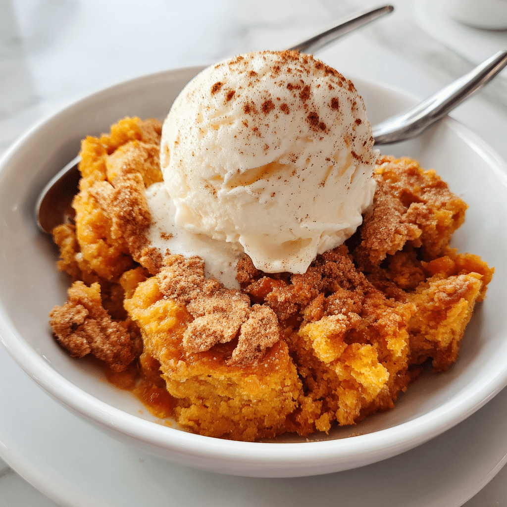 Pumpkin Dump Cake served in a white bowl with vanilla ice cream