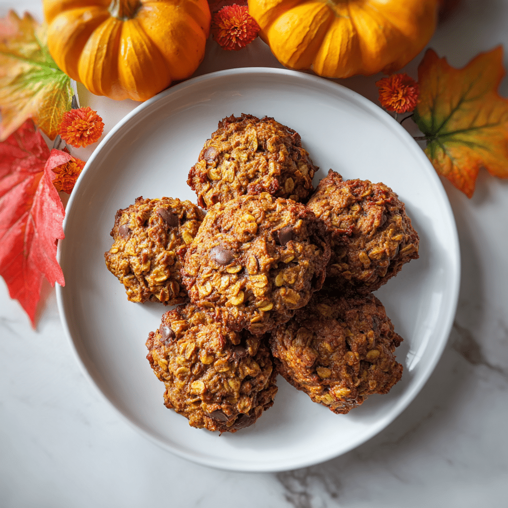 Stack of pumpkin oatmeal cookies with coffee and fall decor