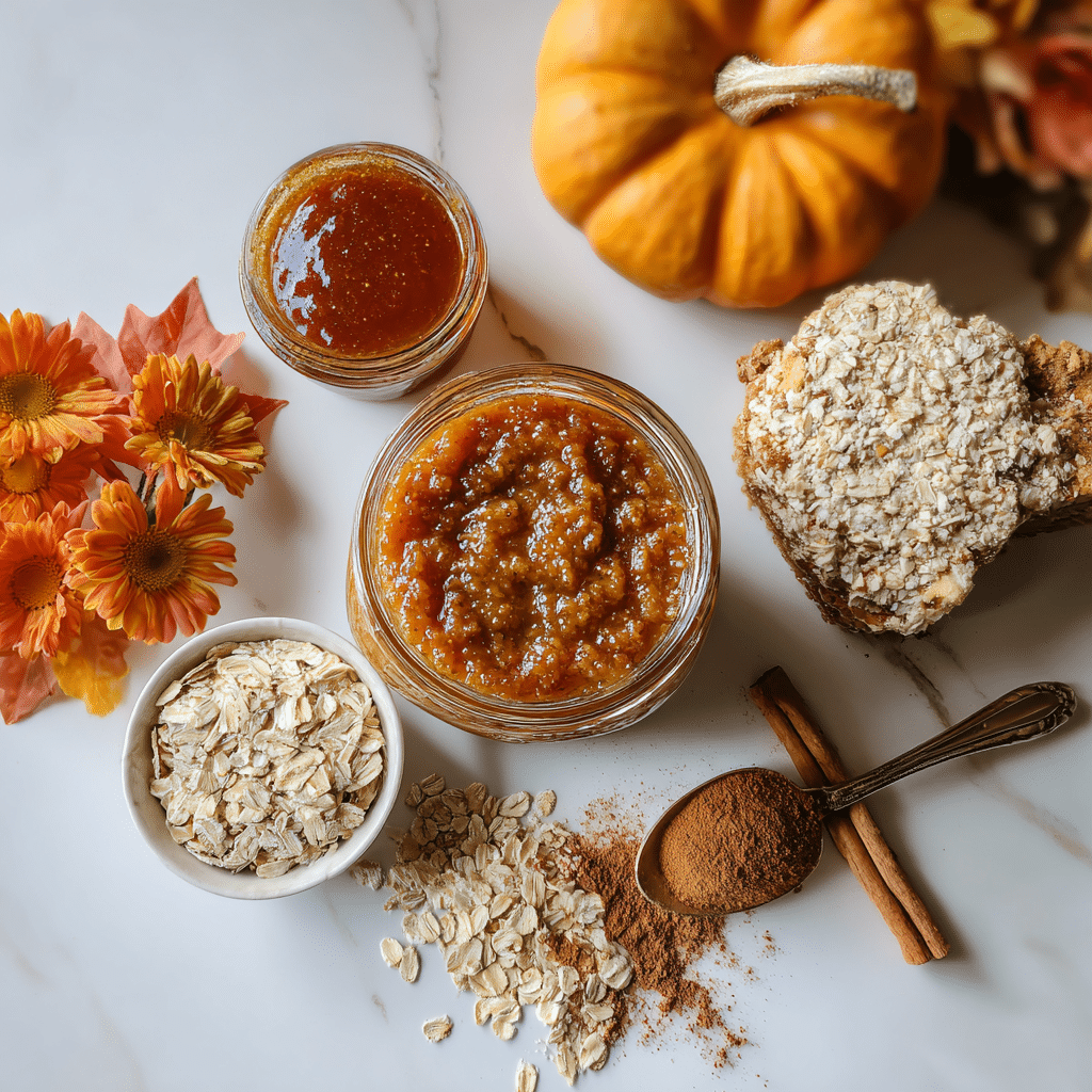 Ingredients for pumpkin pie crisp laid out on a wooden table.
