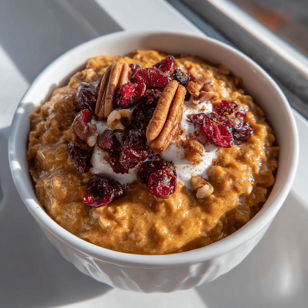 Pumpkin pie oatmeal topped with whipped cream and pecans