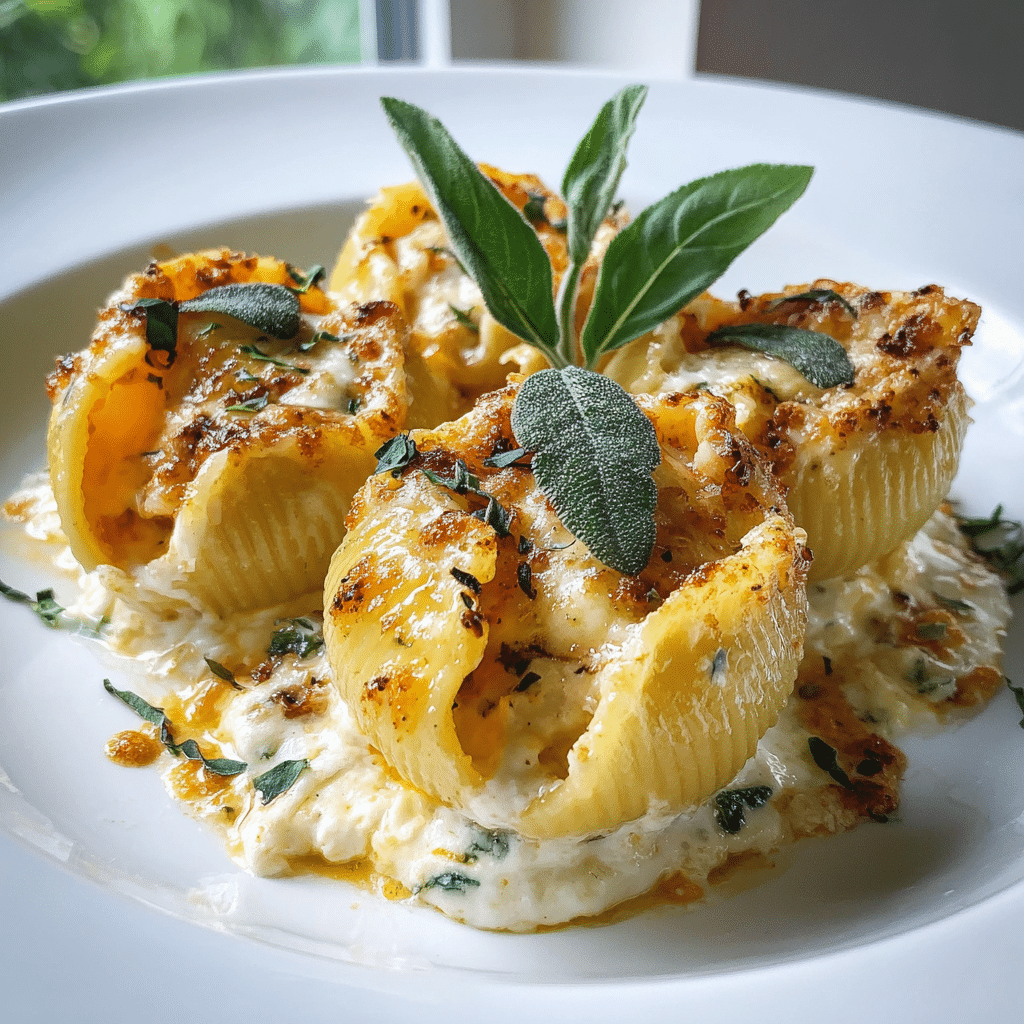 Plate of pumpkin ricotta stuffed shells topped with herbs
