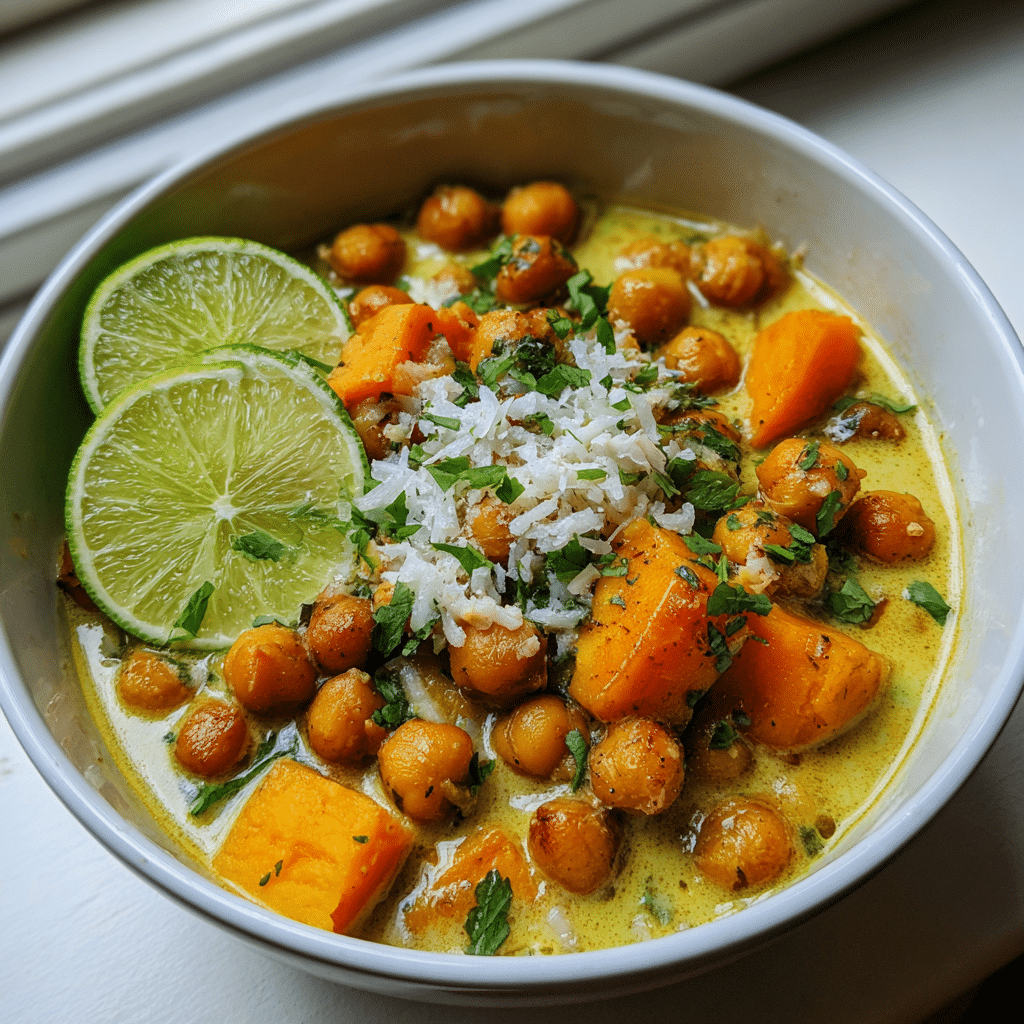 Coconut curry chickpeas with pumpkin and lime served over rice.