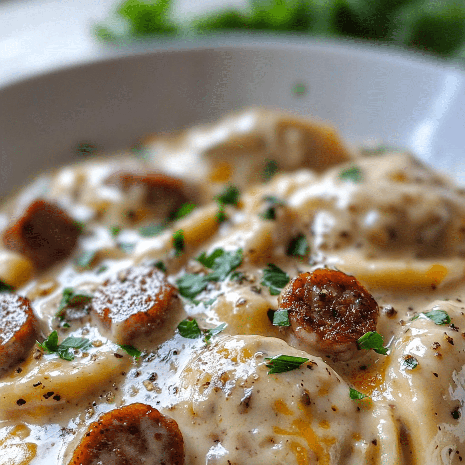 A serving of Crockpot Pierogi Casserole with Kielbasa on a plate