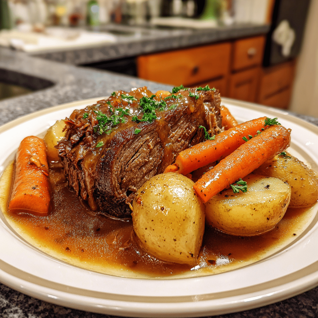 plated slow cooker pot roast with gravy, carrots, and potatoes