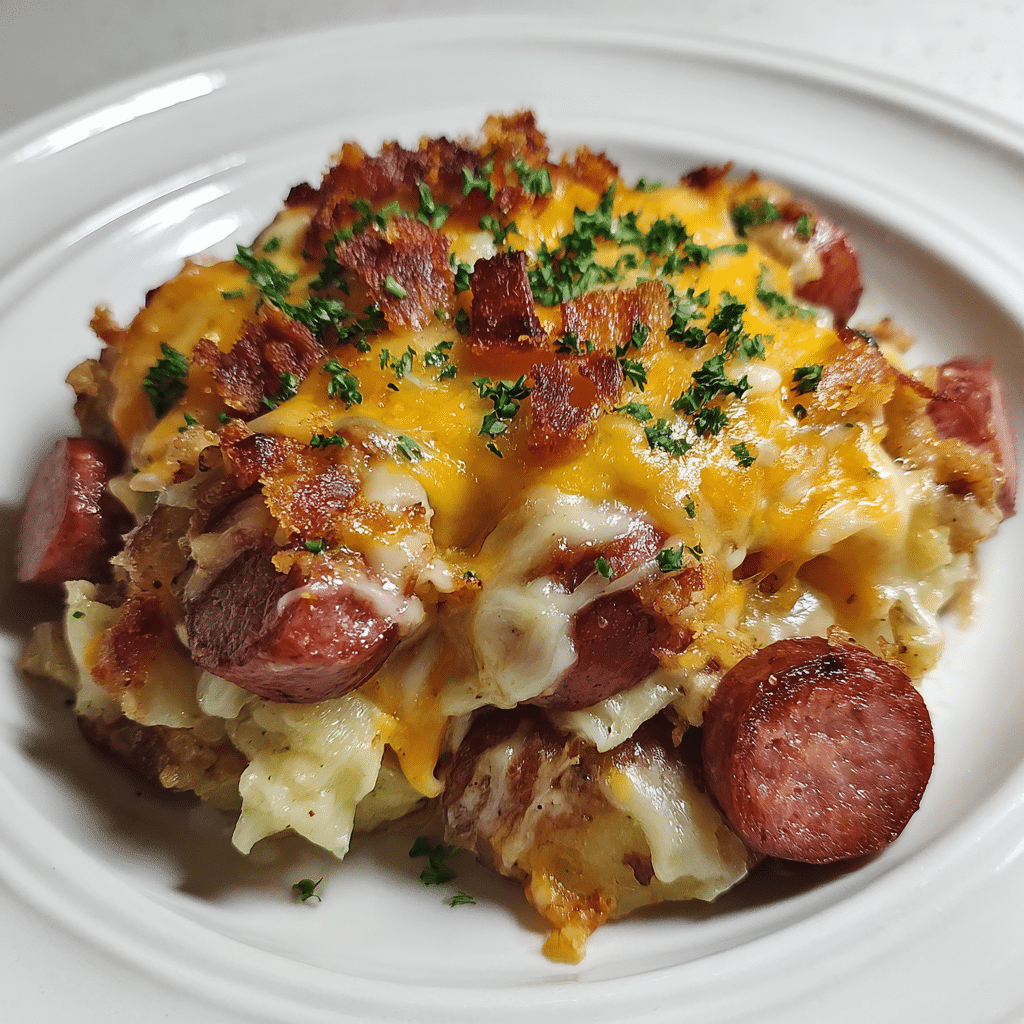 Bowl of Cheesy Ranch Potatoes & Smoked Sausage served warm