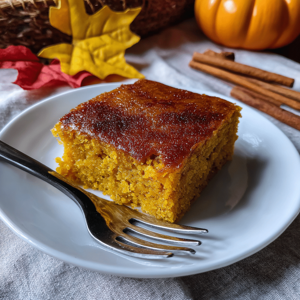 A serving of pumpkin bars on a plate with a fork