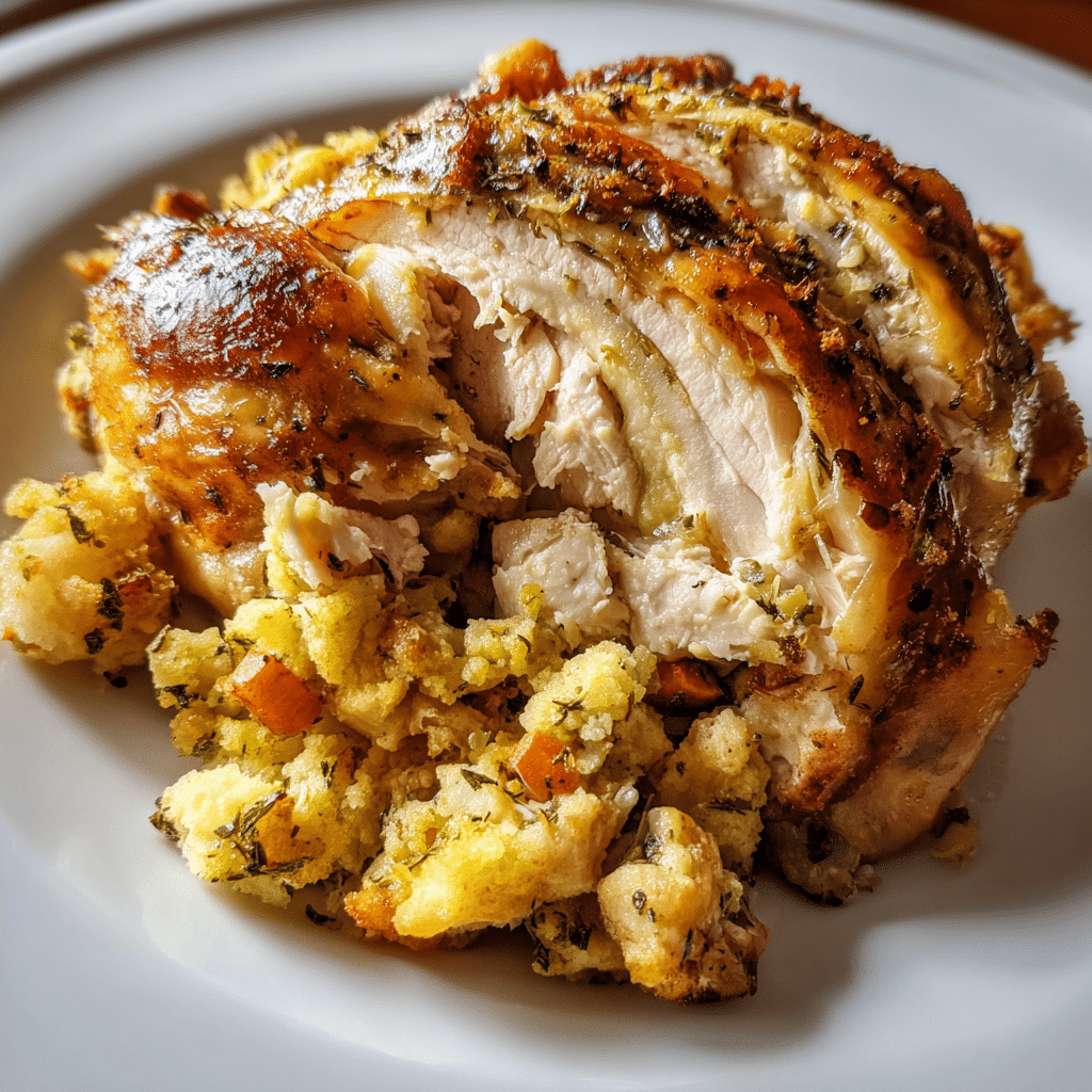 Serving slow cooker chicken and stuffing recipe with gravy