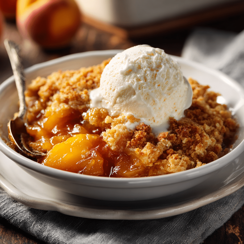 Peach cobbler scooped from slow cooker and served in bowl