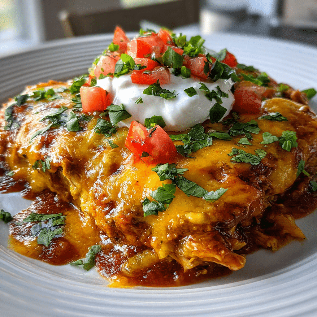 A plated serving of Slow Cooker Chicken Enchilada Casserole with salad