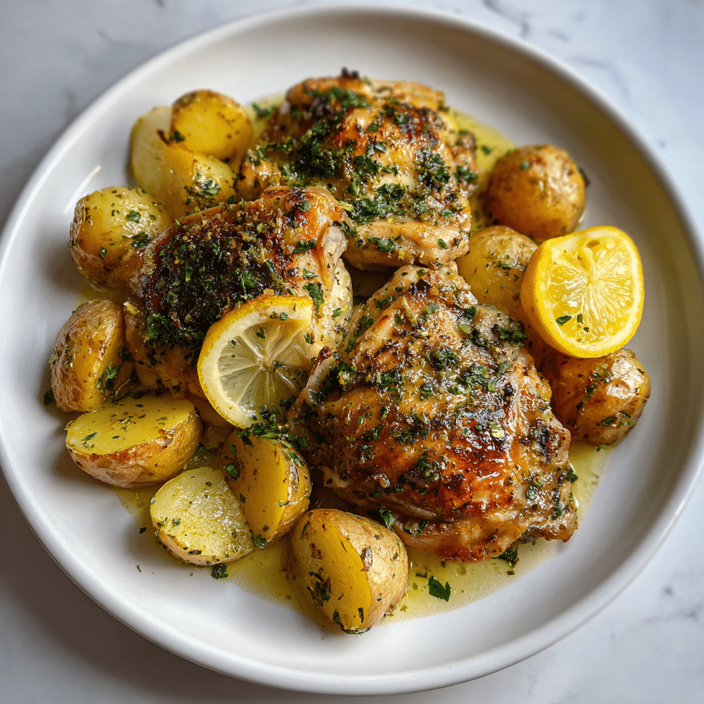 Plated lemon garlic chicken and potatoes with parsley garnish