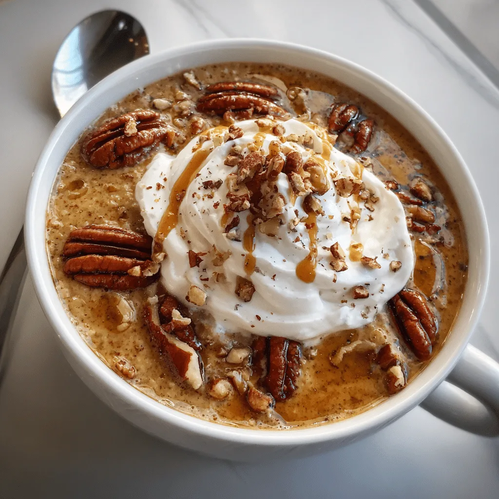 Slow cooker pumpkin pie oatmeal in a rustic bowl topped with pecans