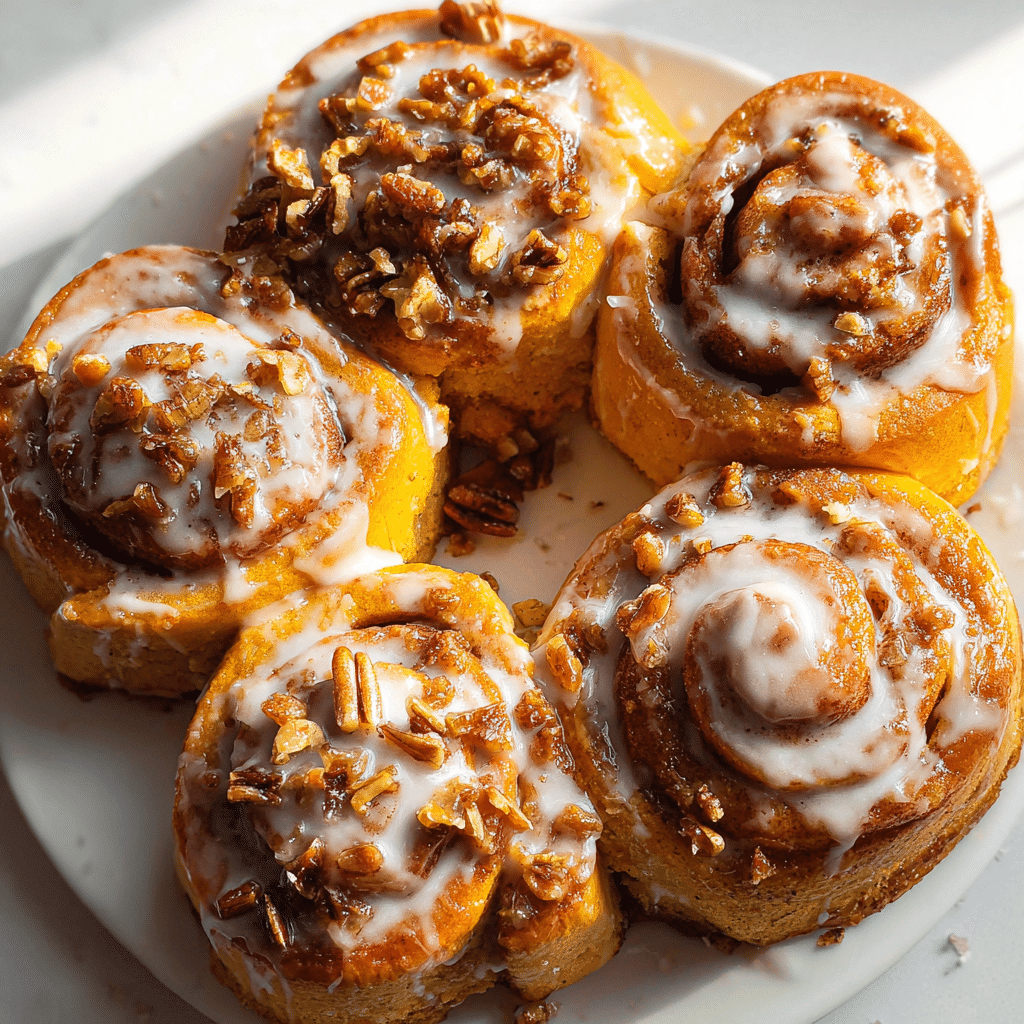 Glazed sourdough pumpkin cinnamon rolls ready to serve