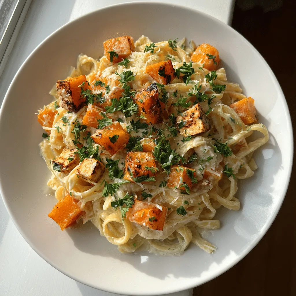 Baked Feta and Butternut Squash Pasta in rustic bowl