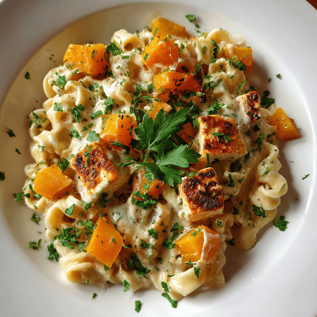 Serving of baked feta and butternut squash pasta