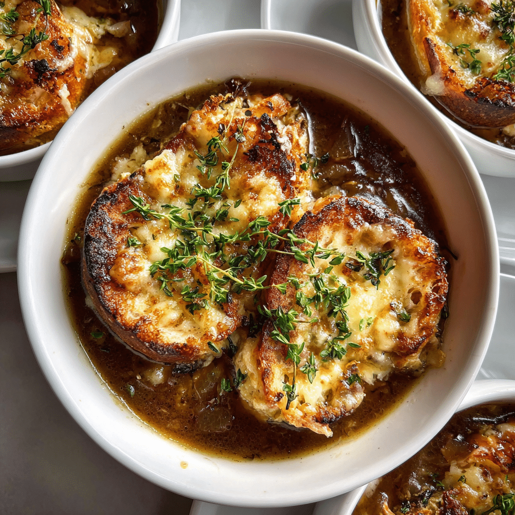 Chicken and French onion soup served with toasted bread and cheese