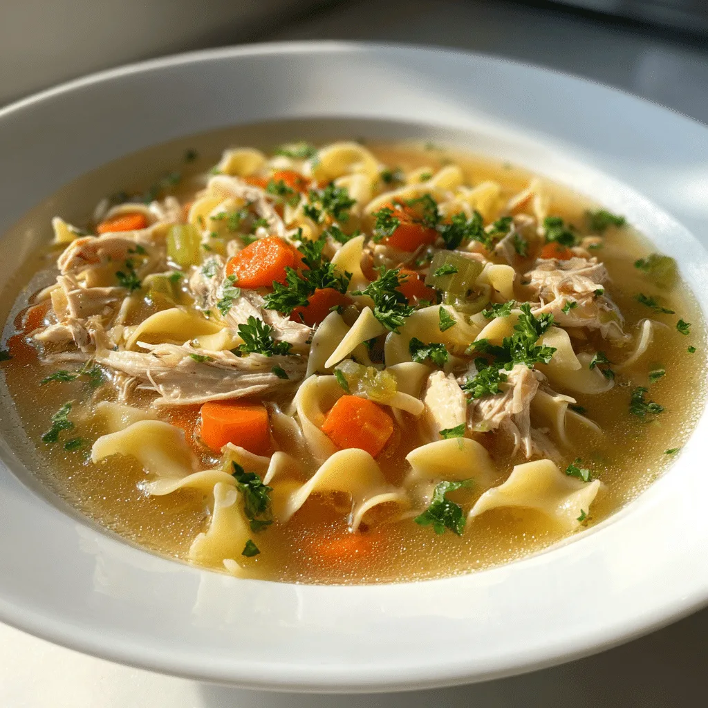 Chicken noodle soup crock pot in rustic bowl