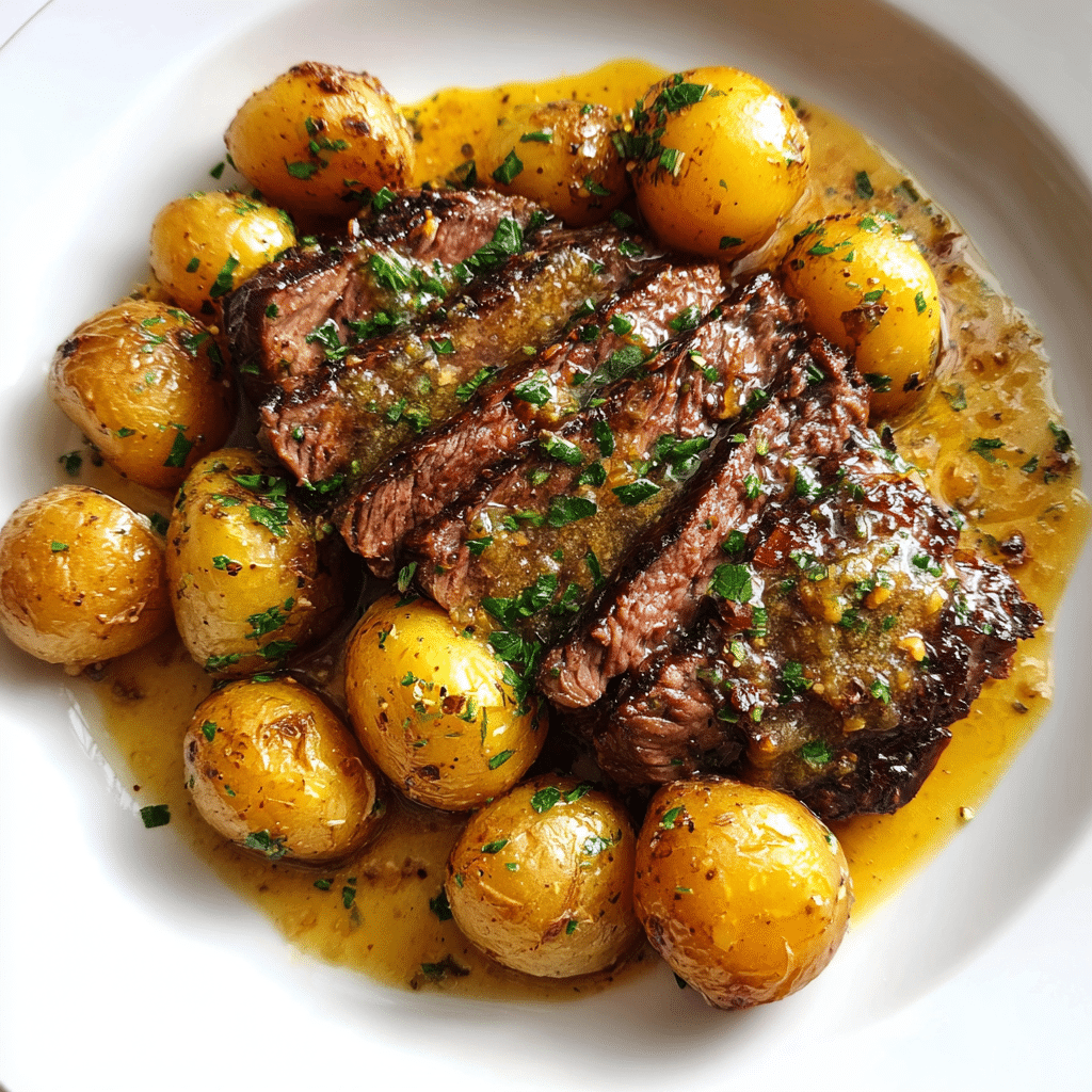 Cowboy butter steak served with potatoes and garlic butter