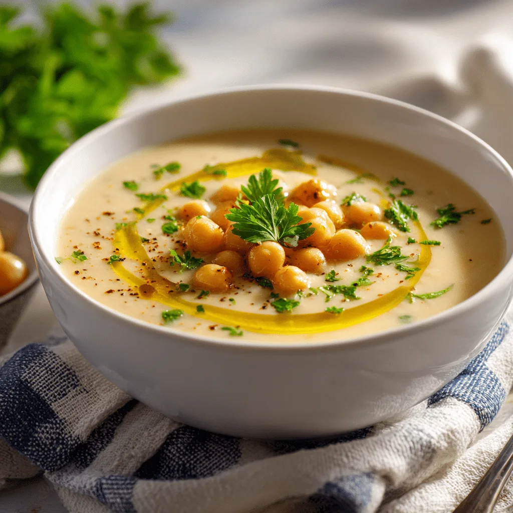 Creamy Garlic Chickpea Soup served in a rustic bowl
