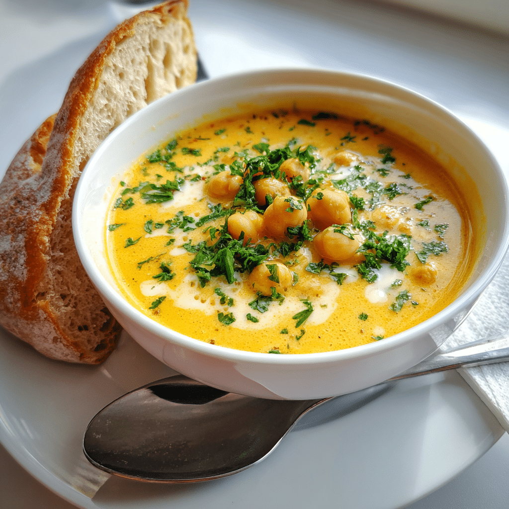 Creamy chickpea soup served with bread and garnish