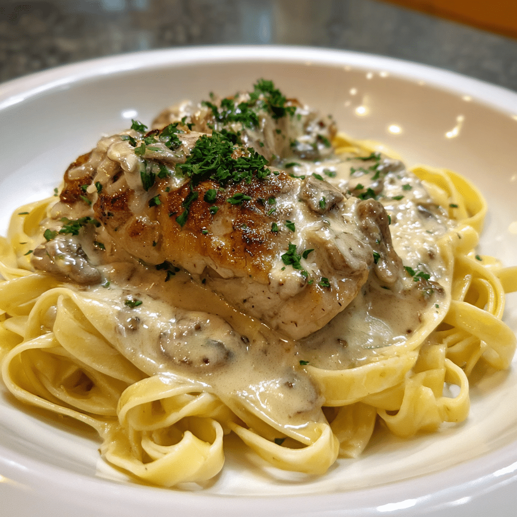 Creamy Italian chicken plated with garlic bread and parsley garnish
