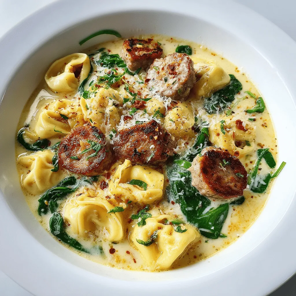 Creamy sausage tortellini soup in a rustic bowl