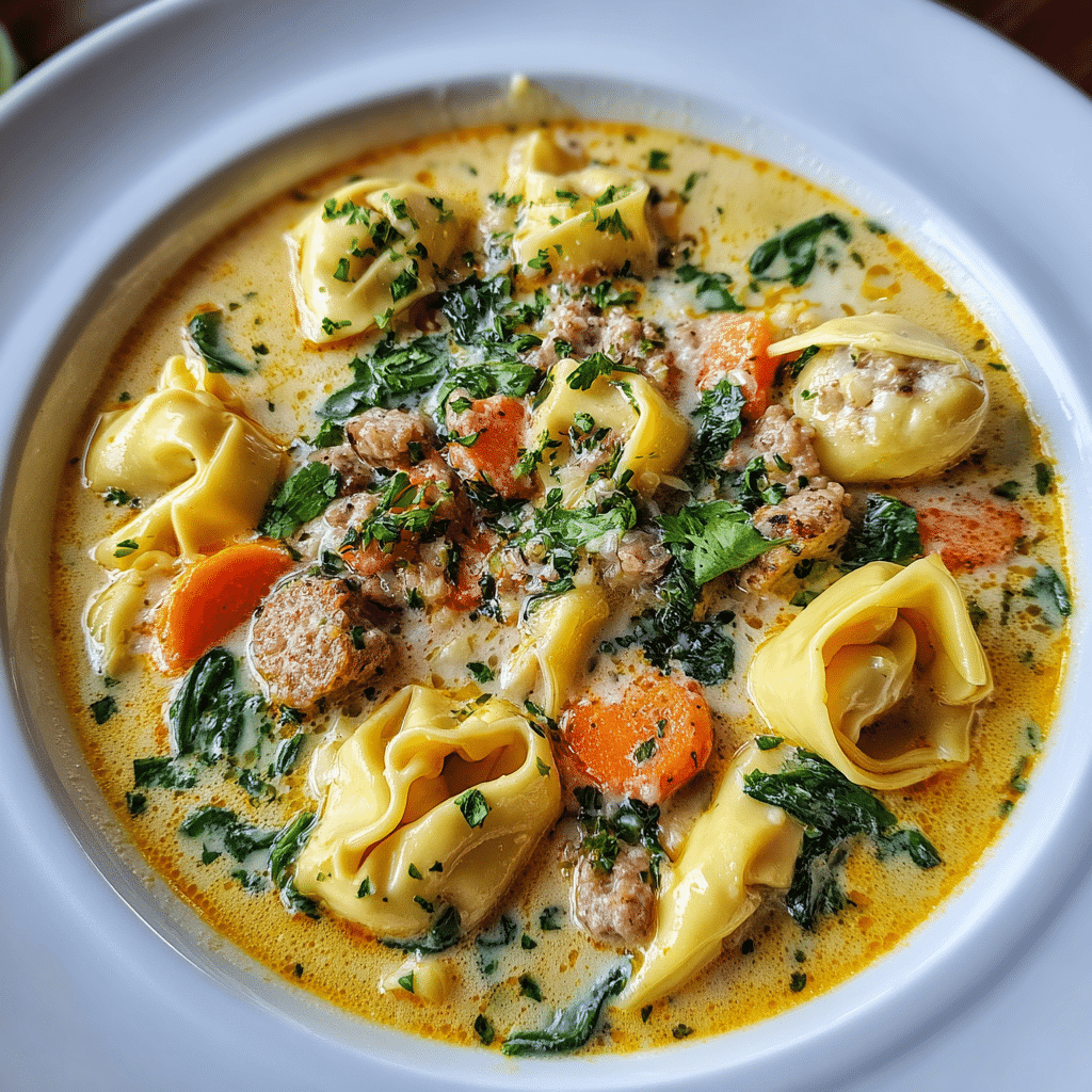Ingredients for creamy sausage tortellini soup laid out on a table