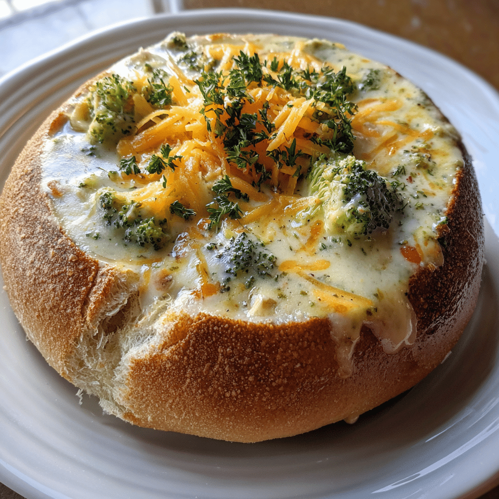 Crockpot broccoli cheddar soup served with bread bowl