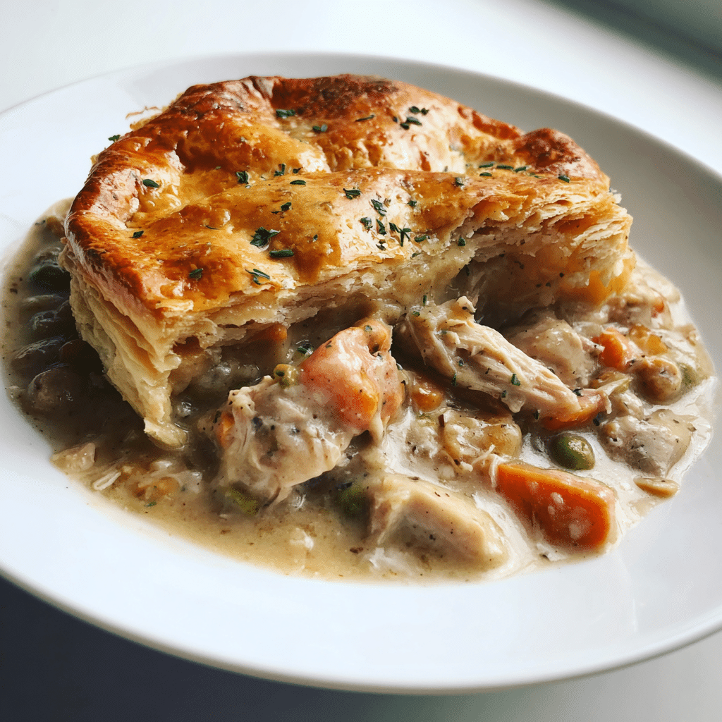 Crockpot chicken pot pie served with a biscuit on top
