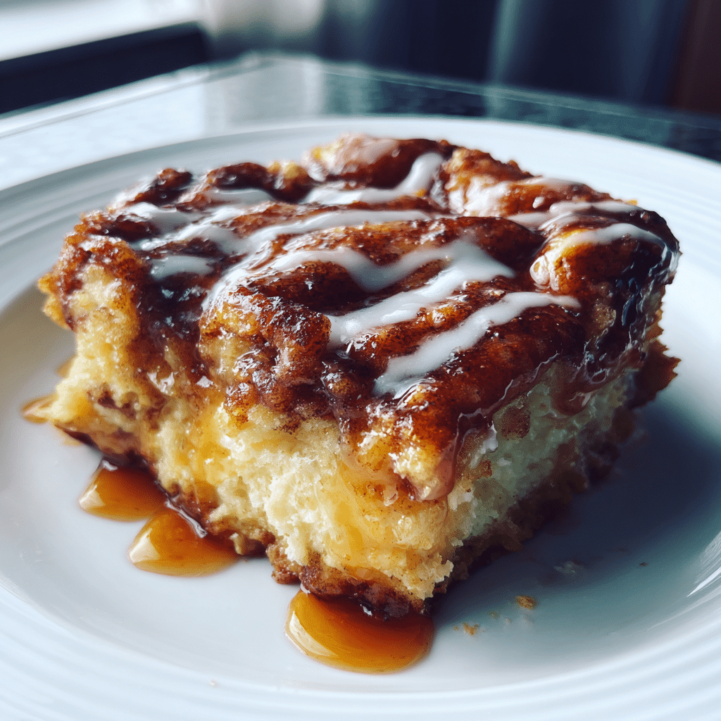 Warm slice of crockpot cinnamon roll casserole served on a plate with icing