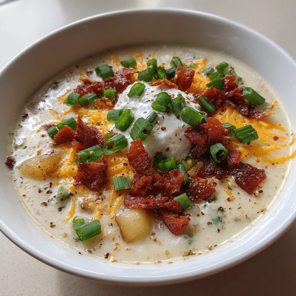 Crockpot Loaded Baked Potato Soup in a bowl topped with bacon and cheese