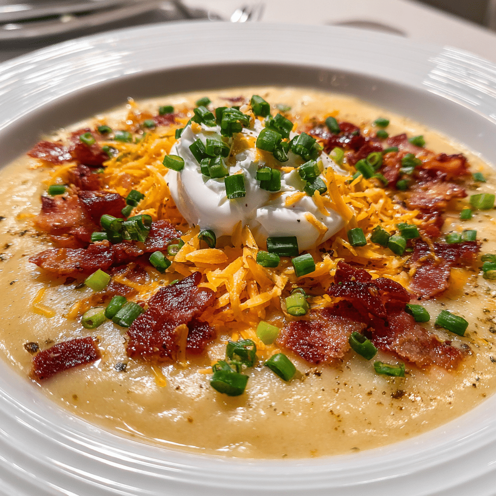 Crockpot Loaded Baked Potato Soup served in bowls with bread on the side
