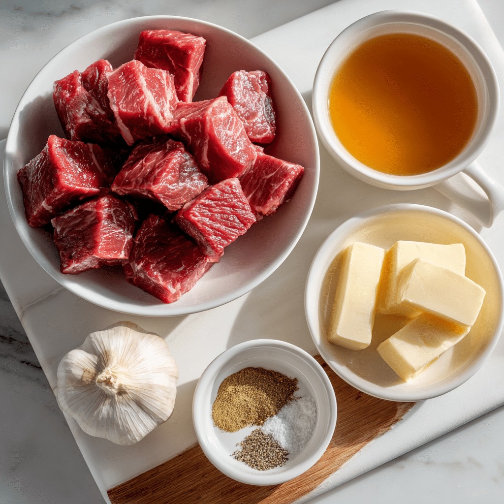 Ingredients for crockpot steak bites with beef, garlic, butter, and broth