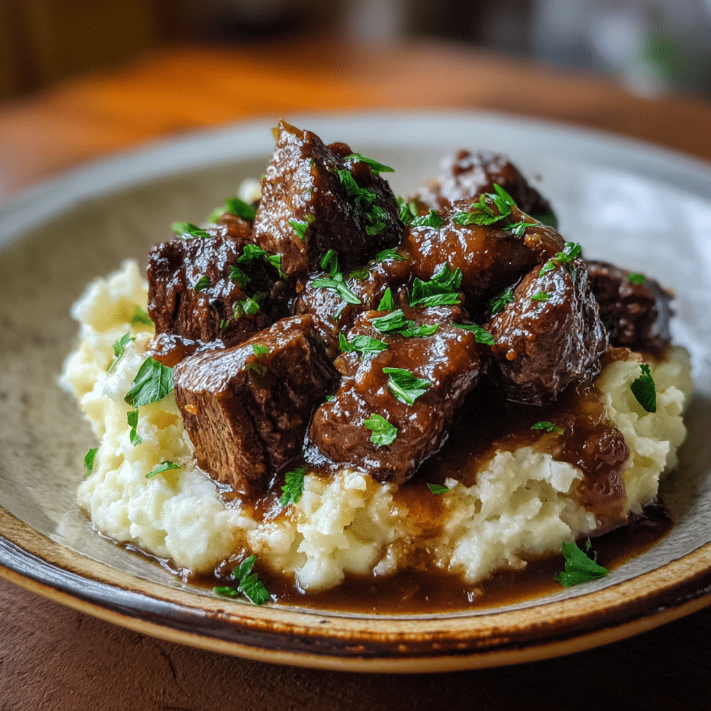 Garlic butter crockpot steak bites served over mashed potatoes