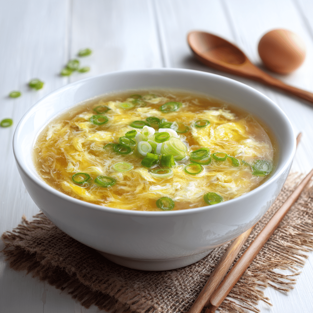 Bowl of egg drop soup served with green onion garnish