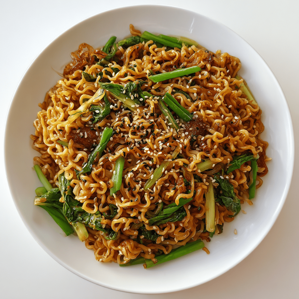 Bowl of vegan garlic soy stir-fried ramen with green onions