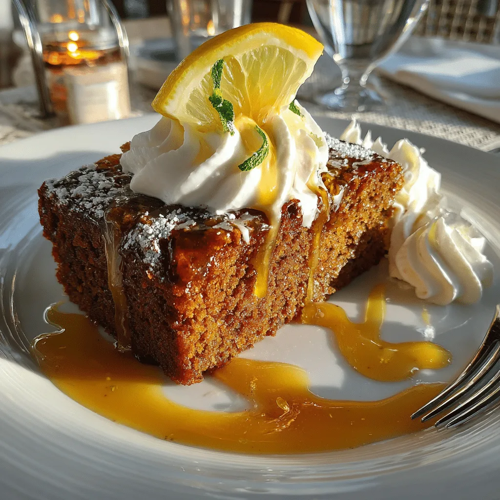 Gingerbread cake with lemon sauce on rustic plate