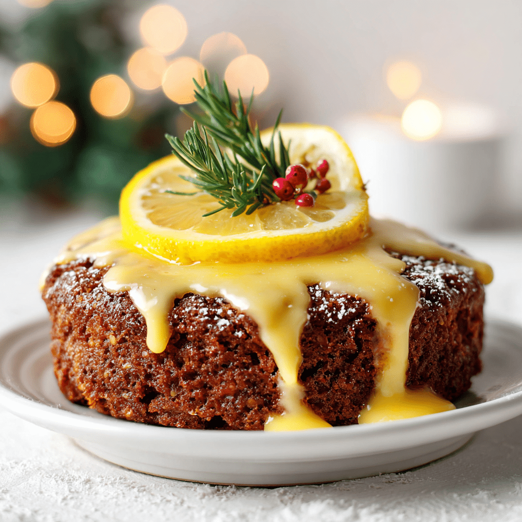 Served slice of gingerbread cake with lemon drizzle