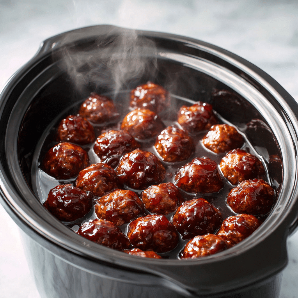 Meatballs simmering in grape jelly and chili sauce