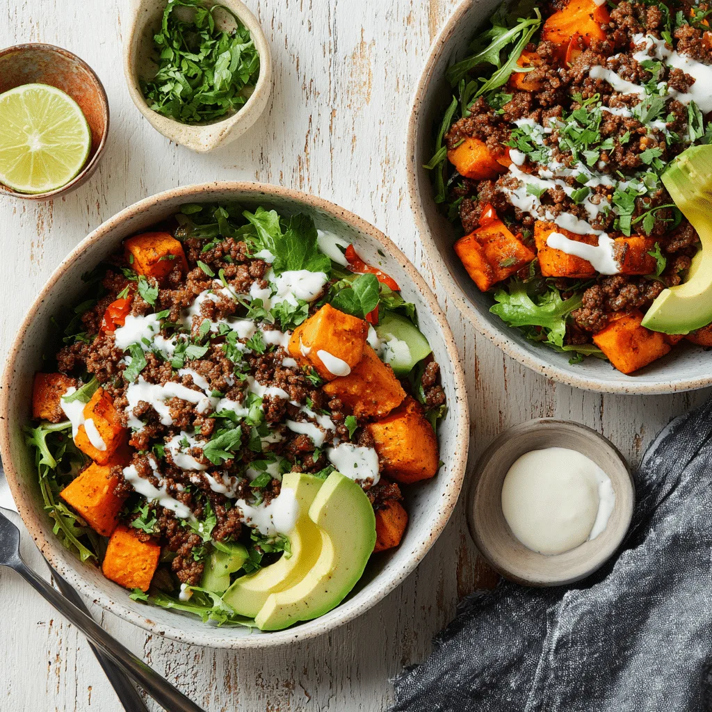 Ground Beef & Sweet Potato Bowls on rustic table
