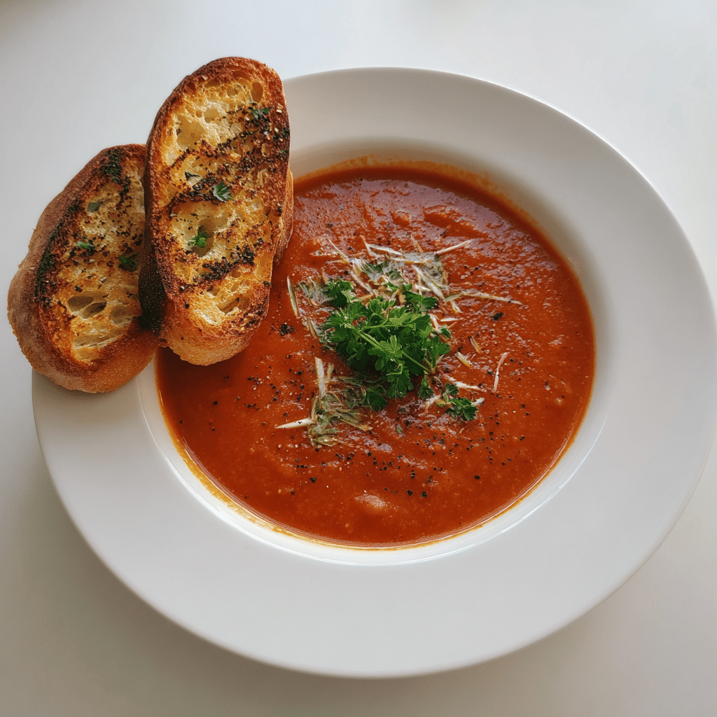 High-protein tomato soup served with bread on a rustic table
