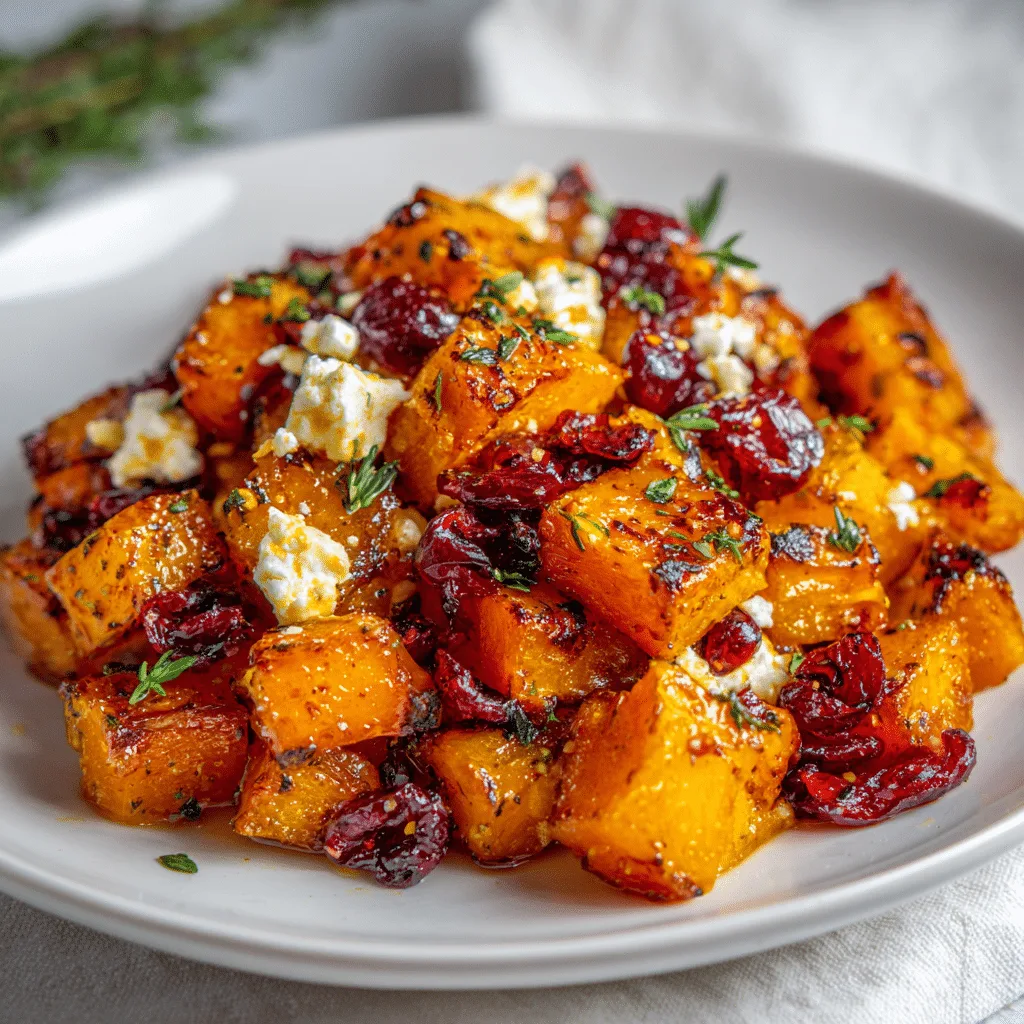 Honey roasted butternut squash with cranberries and feta in baking dish